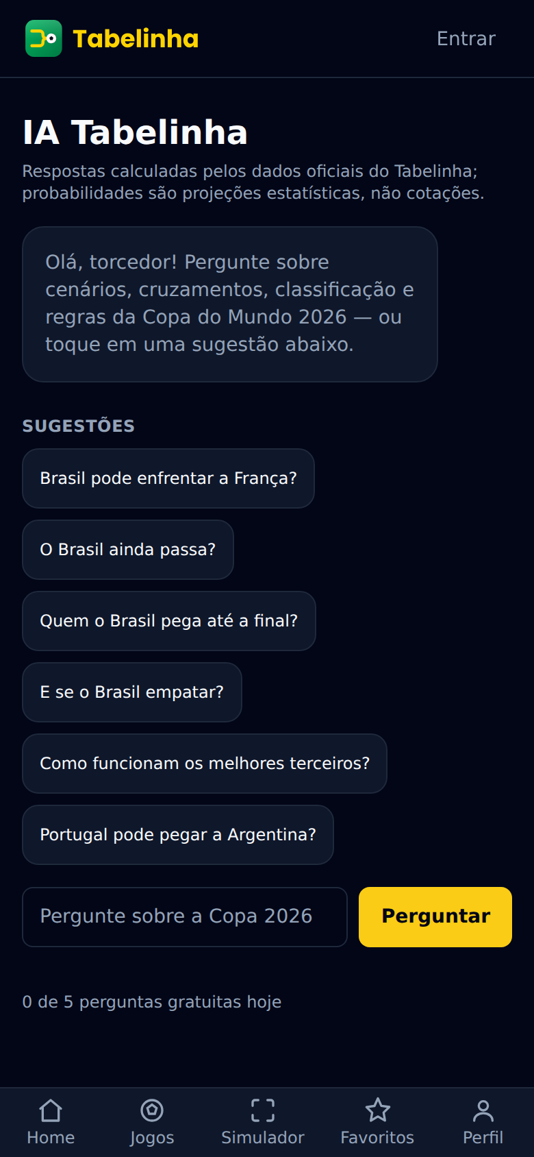 Tela do chat da IA Tabelinha respondendo um cenário de classificação
