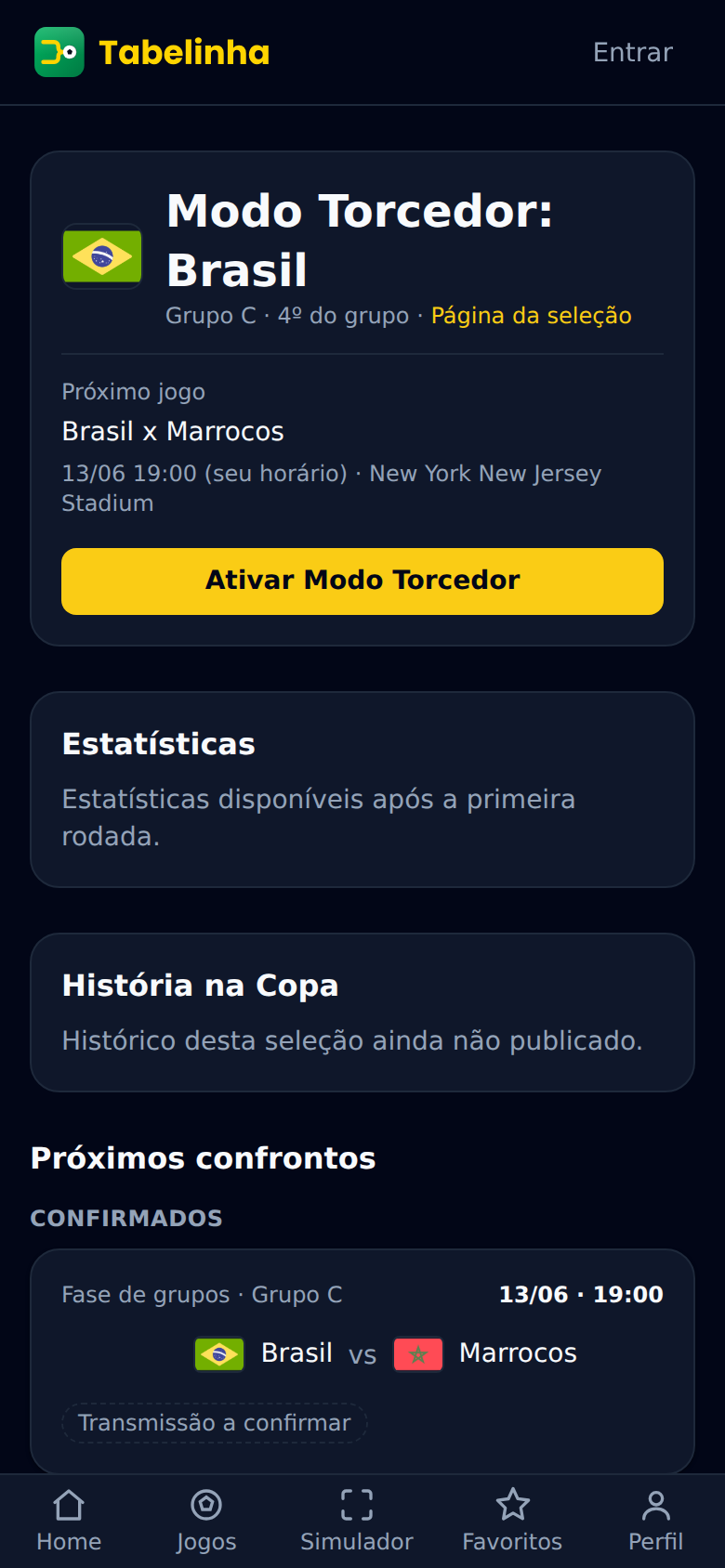 Tela do Modo Torcedor do Tabelinha com a central da seleção brasileira